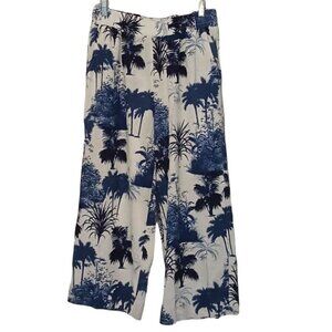 C&C California Linen Blend Palm Tree Nautical Cropped Wide Leg Pant Women Medium